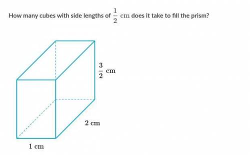 How many cubes with side lengths of \dfrac12 \text{ cm}

2
1
​ 
cmstart fraction, 1, divided by, 2