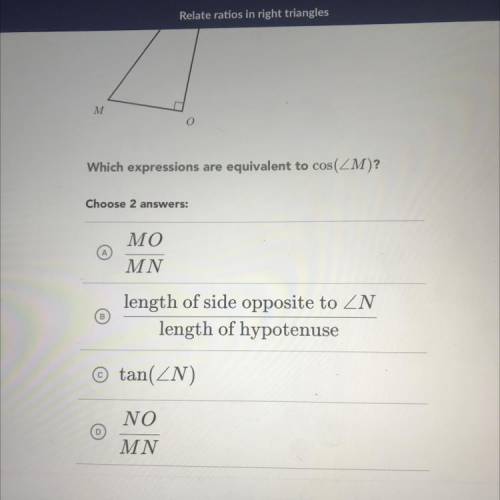 Which expressions are equivalent to cos(M)