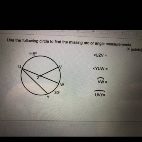Help  Use the following circle to find the missing arc or angle measurements.
