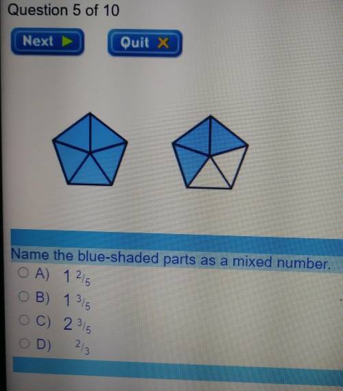 Name the blue-shaded parts as a mixed number. O A) 1 2 OB) 13/ OC) 231 OD) 213​