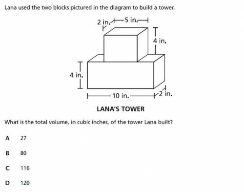 Lana used the two blocks pictured in the diagram to build a tower what is the total volume in cubic