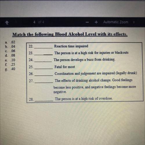 Match the following Blood Alcohol Level with its effects. PLZ HELP