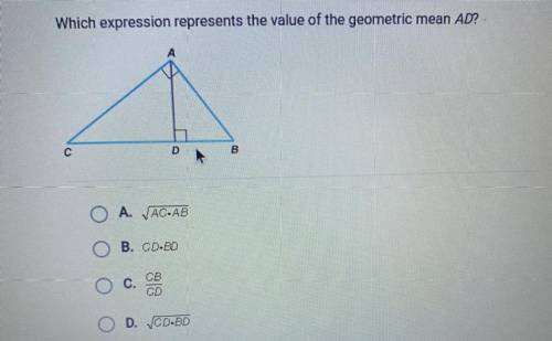 Which expression represents the value of the geometric mean AD?

 
Please help if you’re good at GE