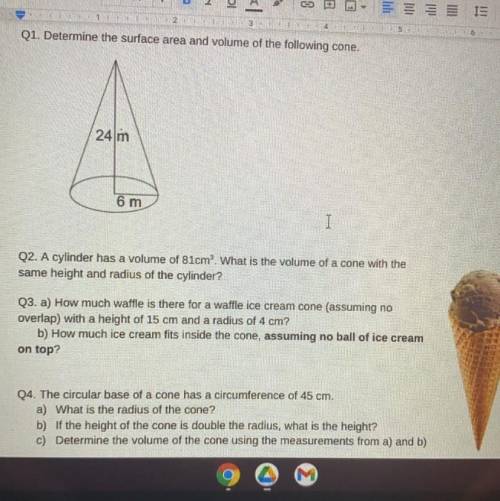 Determine the surface area and volume of the following cone, please help me with full explanation