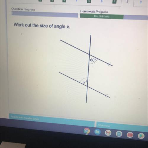 Work out the size of angle x.
60°