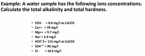 Example: A water sample has the following ions concentrations.

Calculate the total alkalinity and