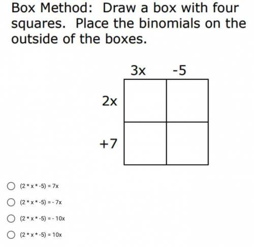 Using the box method (area model) for multiplication to multiply (2x + 7 ) (3x - 5) how would the m
