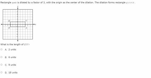 Rectangle Q U A D is dilated by a factor of 3, with the origin as the center of the dilation. The d