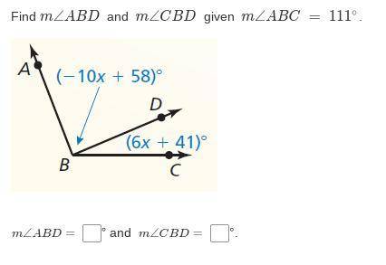 Find m∠ABD and m∠CBD given m∠ABC = 111∘.