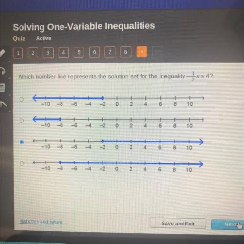 Which number line represents the solution set for the inequality -1/2 > 4