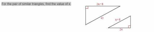 For the pair of similar​ triangles, find the value of x.