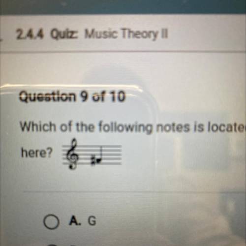 Which of the following notes is located one half step above the note pictured

here?
A. G
B. E
o O
