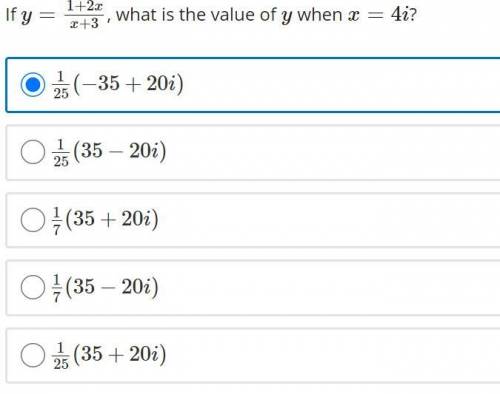 If y = (1+2x)/(x+3), what is the value of y when x = 4i?