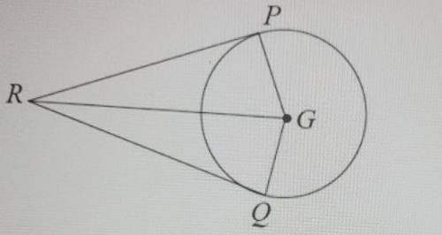 line RP and line RQ are tangent to point G at P and Q. if the measurement of angle PRG=35 degrees,