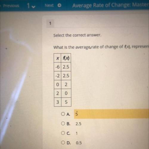 Select the correct answer.

What is the average rate of change of f(x), represented by the table o