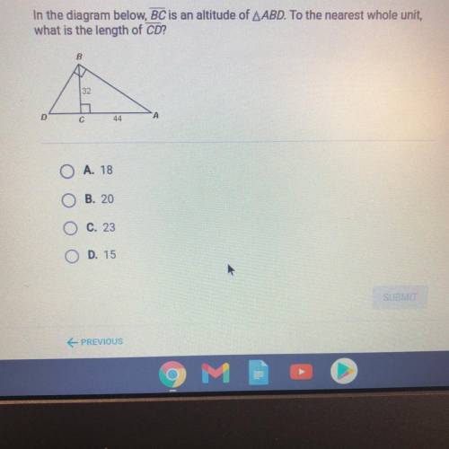 In the diagram below, BC is an altitude of ABD. To the nearest whole unit,

what is the length of