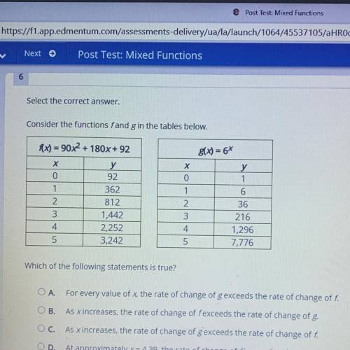 Consider the functions fand g in the tables below.

f(x) = 90x2 + 180x+92
g(x) = 6*
Х
Х
у
92
у
1
0