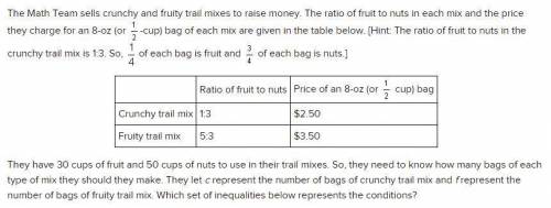 URGENT PLEASE HELP ME: The Math Team sells crunchy and fruity trail mixes to raise money. The ratio