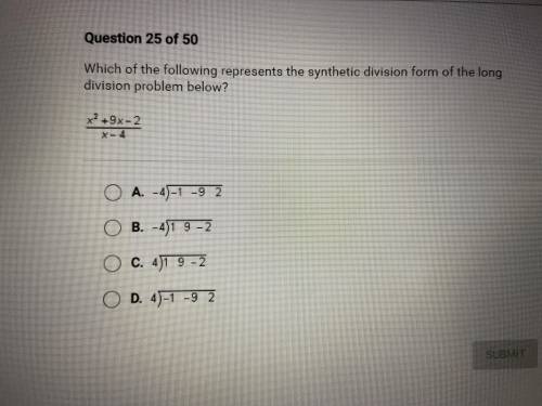 IN DESPERATE NEED OF HELP! PLEASE ANSWER!! Which of the following represents the synthetic division