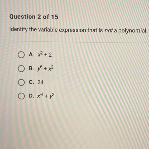Identify the variable expression that is NOT a polynomial:

A. x^2+2
B. y^6+x^2
C. 24
D. x^-4+y^2