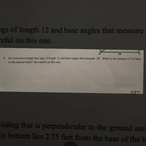 An isosceles triangle has legs of length 12 and base angles that measure 28°. What is the measure o