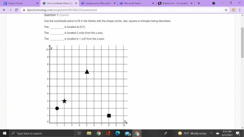 Use the coordinate plane to fill in the blanks with the shape (circle, star, square or triangle) be