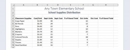 In column E, enter formulas that calculate the percentage of the grand total for each type of schoo