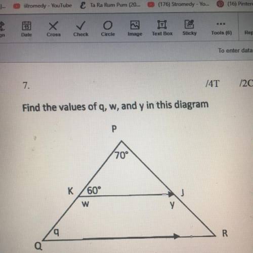 Find the values of q, w, and y in this diagram
Plz help I need this fast