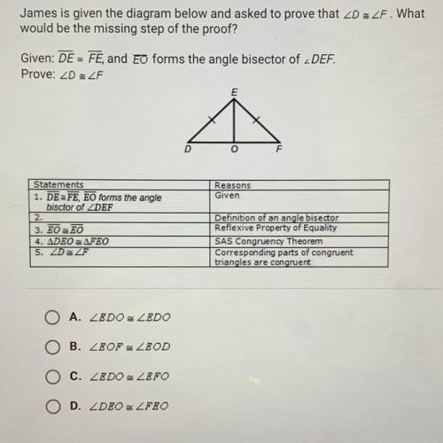 James is given the diagram below and asked to prove that angle D = angle F.

What would be the mis