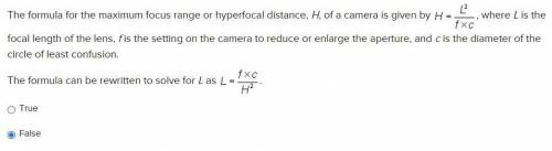 The formula for the maximum focus range or hyperfocal distance, H, of a camera is given by H=L^2/f