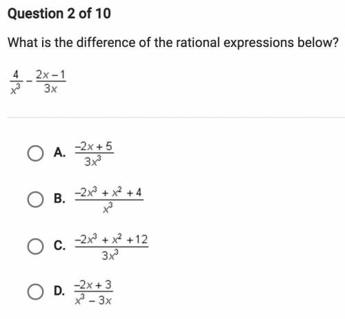 What is the difference of the rational expressions below? 4/x^3 - 2x-1/3x