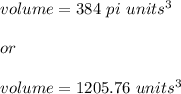 volume = 384 \ pi \ units^3 \\\\or \\\\volume = 1205.76 \ units^3