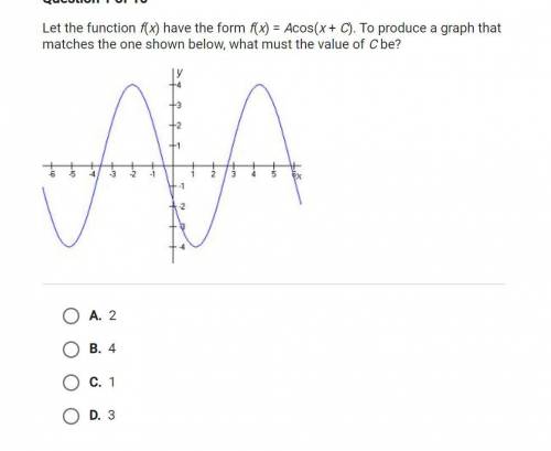 NEED HELP ASAP Let the function f(x) have the form f(x) = Acos(x+C). To produce a graph that matche