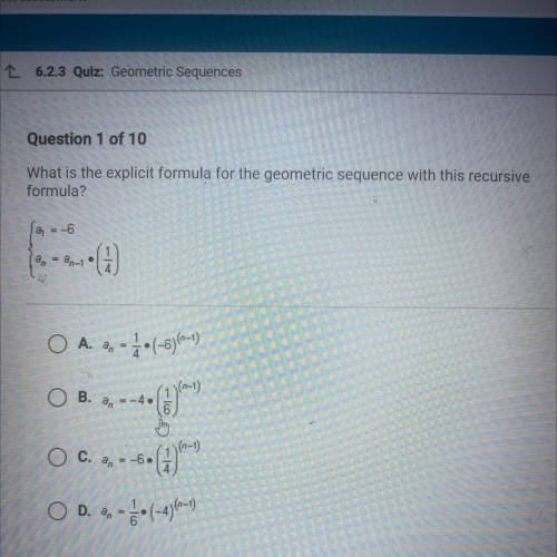 Need help ASAP what is the explicit formula for the geometric sequence with the recursive formula