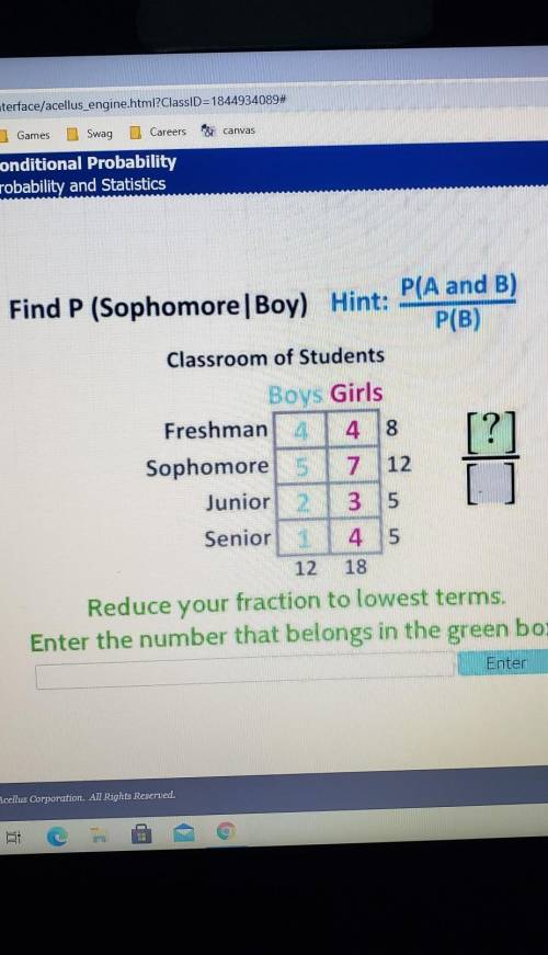 Find P (Sophomore|Boy) Hint: P(A and B) P(B) Classroom of Students Boys Girls Freshman 4 4 8 Sophom