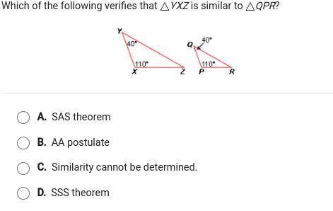 Can someone help me? Which of the following verifies that triangle YXZ is similar to triangle QPR?