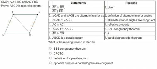 Given: AD ≅ BC and AD ∥ BC Prove: ABCD is a parallelogram. What is the missing reason in step 6?