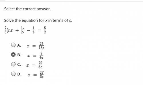 Solve the equation for x in terms of c.
2/3(cx+1/2)-1/4=5/2