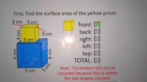 First, find the surface area of the yellow prism