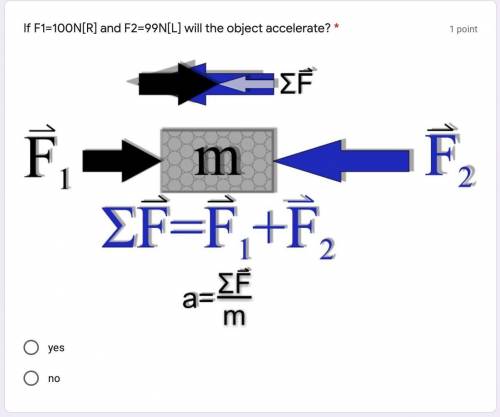 If F1=100N[R] and F2=99N[L] will the object accelerate? *

A) yes 
B) NO 
explain, please