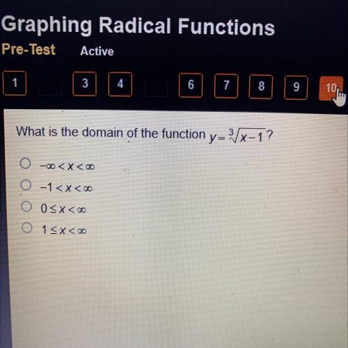 What is the domain of the function y=%/x-1?
O-
o -1 < x < oo
0
O 1