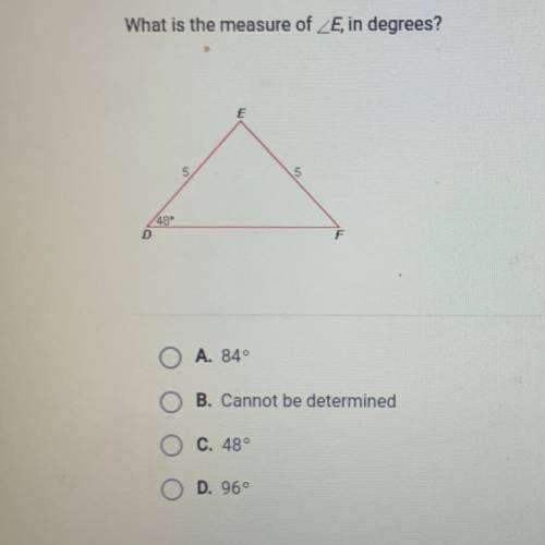 What is the measure of E, in degrees?
5
48°
F
