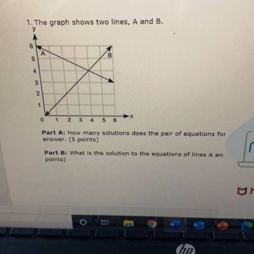 1. The graph shows two lines, A and B.

у
6
A
B
5
4
3
2
1
0
1
2
3
4
5
6
Part A: How many solutions