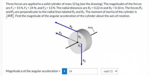 Three forces are applied to a solid cylinder of mass 12 kg (see the drawing). The magnitudes of the