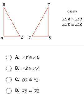 What else would need to be congruent to show that triangle ABC ≅ triangle XYZ by ASA?

APEX