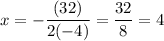 \displaystyle x=-\frac{(32)}{2(-4)}=\frac{32}{8}=4