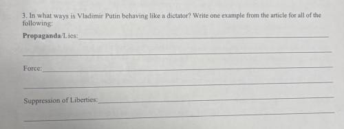 In what ways is vladimir putin behaving like a dictator? Write one example for all of the following