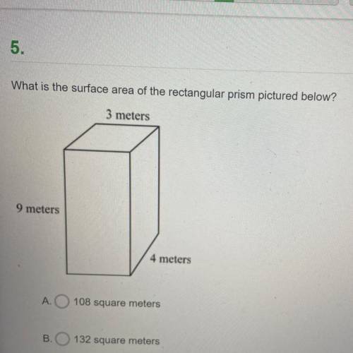 What is the surface area of the rectangular prism pictured below?

3 meters
9 meters
4 meters