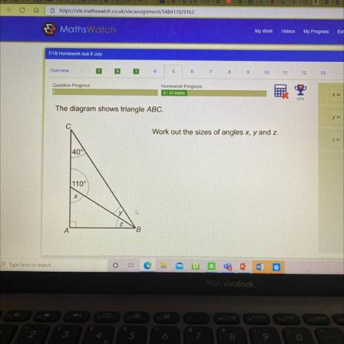 The diagram shows triangle ABC.

С
Work out the sizes of angles x, y and z.
40°
110°
х
Z
A
В
