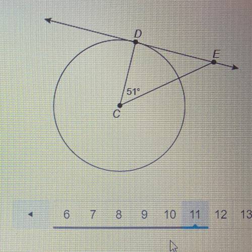DE is tangent to Circle C at point D. 
What is the measure of
Enter your answer in the box.